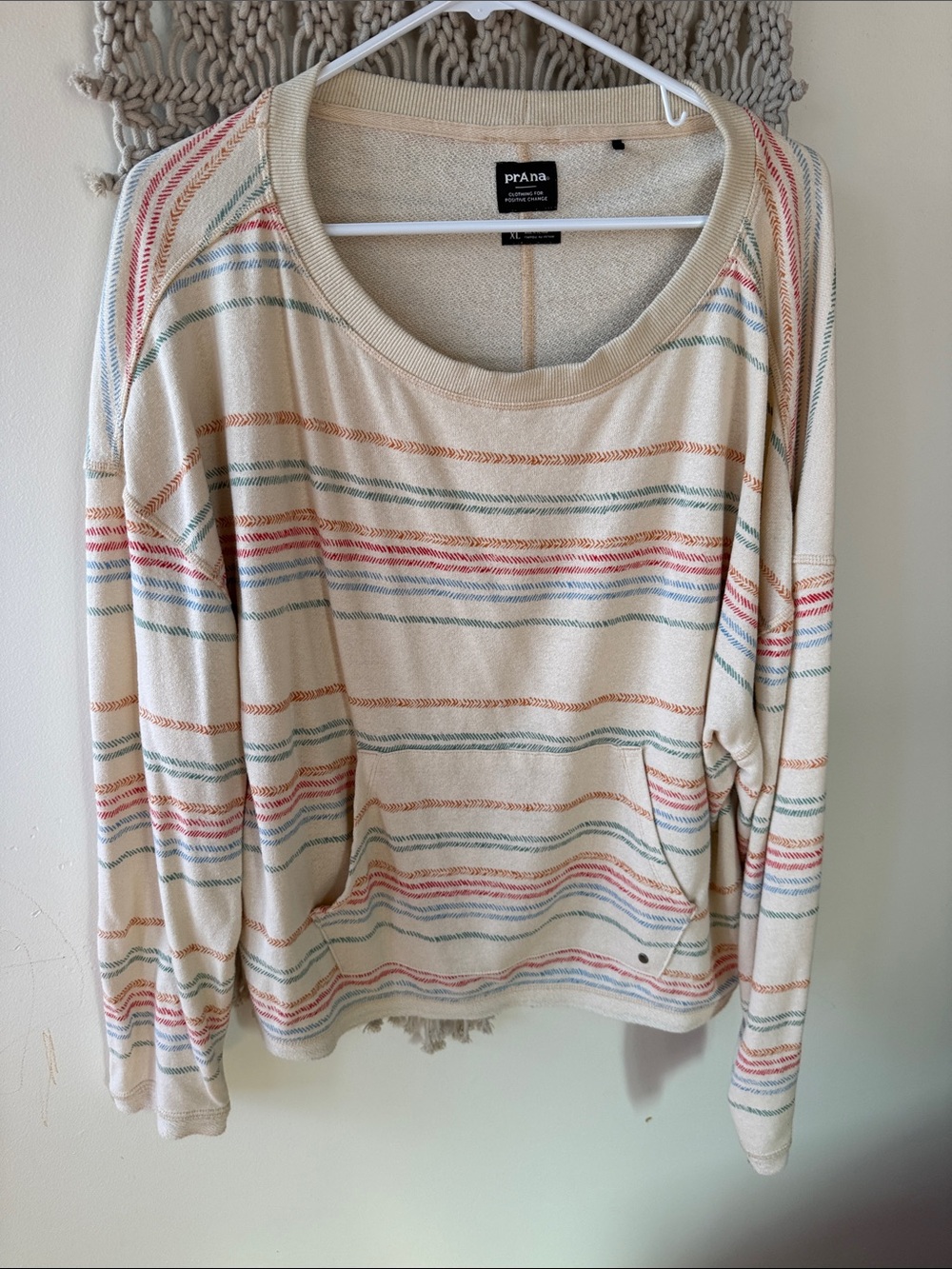 Prana Cream Striped Pullover Hoodie with Multicolor Accents